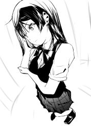 1girl absurdres breast_hold breasts closed_mouth collared_shirt commentary_request from_above greyscale hand_on_own_cheek hand_on_own_face highres loafers long_hair love_live! love_live!_nijigasaki_high_school_idol_club medium_breasts monochrome neck_ribbon nijigasaki_academy_school_uniform pleated_skirt ribbon school_uniform shirt shoes short_sleeves sidelocks skirt solo standing summer_uniform tommer vest yuki_setsuna_(love_live!)
