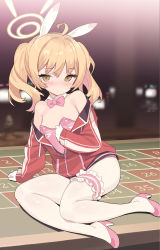 1girl ahoge alternate_costume animal_ears areola_slip bare_shoulders blade_(galaxist) blonde_hair blue_archive blurry blurry_background blush bow bowtie breasts bridal_garter brown_eyes closed_mouth collar commentary_request depth_of_field detached_collar fake_animal_ears hair_between_eyes hair_ribbon halo high_heels highres indoors jacket leotard long_hair looking_at_viewer off_shoulder pantyhose pink_bow pink_bowtie pink_footwear pink_jacket pink_leotard playboy_bunny rabbit_ears red_jacket revision ribbon roulette_table shoes sitting small_breasts solo strapless table twintails white_collar wing_collar yoshimi_(blue_archive) rating:Questionable score:51 user:danbooru