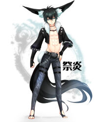  1boy abs animal_ears black_gloves black_hair black_shirt blade_&amp;_soul blade_dancer blue_eyes closed_mouth commentary_request crop_top elbow_gloves expressionless fingerless_gloves full_body fur_collar gloves grey_leggings hair_between_eyes hand_on_own_hip highres jewelry lanmei_jiang leggings long_bangs looking_at_viewer lyn_(blade_&amp;_soul) male_focus navel necklace open_clothes open_shirt shirt short_hair solo spiked_shirt standing stirrup_legwear tail toeless_legwear white_background wolf_boy wolf_ears wolf_tail 