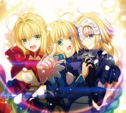  3girls ahoge armor artoria_pendragon_(all) artoria_pendragon_(fate) blonde_hair blue_dress blue_eyes braid breasts chain cleavage dress epaulettes fate/apocrypha fate/extra fate/extra_ccc fate/grand_order fate/hollow_ataraxia fate/stay_night fate/unlimited_codes fate/zero fate_(series) french_braid glowing glowing_petals green_eyes hair_between_eyes hair_intakes hair_ribbon headpiece highres interlocked_fingers jeanne_d&#039;arc_(fate) jeanne_d&#039;arc_(ruler)_(fate) juliet_sleeves large_breasts long_hair long_sleeves looking_at_viewer medium_breasts multiple_girls nero_claudius_(fate) nero_claudius_(fate)_(all) nero_claudius_(fate/extra) official_art open_mouth petals puffy_sleeves rainbow red_dress ribbon saber_(fate) single_braid smile sparkle takeuchi_takashi very_long_hair 