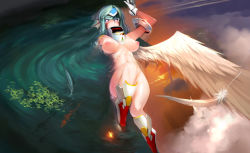  1girl aqua_hair blush boots breasts cloud feathers female_focus gloves highres long_hair lying navel nipples nude on_back original sky snowball22 solo submerged water wings  rating:Questionable score:43 user:danbooru