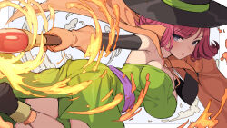 1girl ankle_boots armpit_crease black_hat black_sleeves blue_eyes boots breasts cape commentary_request detached_sleeves dragon_quest dragon_quest_iii dress elbow_gloves feet_out_of_frame gloves green_dress hat hifumi_chiyoko highres holding holding_staff large_breasts light_blush looking_at_viewer looking_to_the_side mage_(dq3) mage_staff magic medium_hair orange_cape orange_gloves outstretched_arm parted_lips red_hair solo staff strapless strapless_dress swept_bangs witch_hat