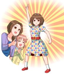  3girls :3 ^_^ abe_nana abekawa arm_up belt blue_shirt blush brown_eyes brown_hair closed_eyes collarbone doyagao dress emphasis_lines floral_print full_body green_sweater hairband idolmaster idolmaster_cinderella_girls idolmaster_cinderella_girls_starlight_stage index_finger_raised index_fingers_raised jacket john_travolta kawashima_mizuki long_hair long_sleeves looking_at_viewer mary_janes multicolored_clothes multicolored_dress multiple_girls nagatomi_hasumi open_clothes open_jacket open_mouth orange_background outstretched_arm own_hands_together pointing pointing_up ponytail purple_jacket red_belt saturday_night_fever shirt shoes short_hair smile smug socks sweater thumbs_up two-tone_background white_socks yellow_background 