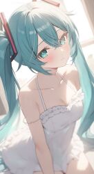  1girl aqua_eyes aqua_hair backlighting bare_shoulders blurry blush breasts chemise cleavage closed_mouth collarbone day depth_of_field frills hair_between_eyes hakua_aa hatsune_miku highres indoors long_hair medium_breasts sitting solo spaghetti_strap twintails very_long_hair vocaloid white_chemise window 
