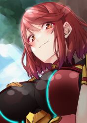  1girl absurdres armor blue_sky bob_cut breasts chest_jewel highres impossible_clothes large_breasts looking_at_viewer looking_down neon_trim pyra_(xenoblade) red_eyes red_hair short_hair short_sleeves shoulder_armor skindentation sky slope_(check238) smile solo swept_bangs tree upper_body xenoblade_chronicles_(series) xenoblade_chronicles_2 