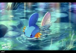  aobi_3814 blue_skin character_name colored_skin creatures_(company) dated fins game_freak gen_3_pokemon head_fins highres lake mudkip nature nintendo no_humans outdoors partially_submerged pokemon pokemon_(creature) signature water 