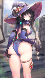  1girl ass black_hair blue_sky blush breasts detached_sleeves embarrassed genshin_impact gloves gold green_eyes hat large_breasts looking_back mochirong mona_(genshin_impact) sky sun sunlight sweat sweatdrop twintails witch_hat 