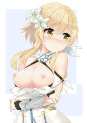  1girl arms_under_breasts blonde_hair blush breasts crossed_arms dress embarrassed flower flower_hair_ornament genshin_impact highres holding_elbow lily_(flower) looking_to_the_side lumine_(genshin_impact) nekomushi nipples no_bra simple_background solo standing tagme wardrobe_malfunction wavy_mouth white_dress yellow_eyes  rating:Questionable score:135 user:Chytharo