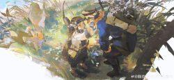  1boy 1girl absurdres ainu_clothes asirpa black_hair boots bow_(weapon) chinese_commentary commentary_request deer eye_contact flower_wreath fox golden_kamuy hands_on_another&#039;s_cheeks hands_on_another&#039;s_face hat headband highres liyuliyuzhou long_hair looking_at_another military_uniform nature outdoors peaked_cap smile squatting sugimoto_saichi uniform weapon 