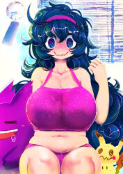  1girl @_@ ahoge black_hair blue_eyes blush blush_stickers bra breasts cleavage closed_eyes closed_mouth collarbone creatures_(company) curly_hair drooling facing_viewer fat_rolls game_freak gen_1_pokemon gen_7_pokemon gengar grin hair_between_eyes hairband hakkasame hand_up headband hex_maniac_(pokemon) hot large_breasts long_hair looking_at_viewer midriff mimikyu multicolored_eyes navel nintendo open_mouth panties pokemon pokemon_(creature) pokemon_xy purple_bra purple_eyes purple_hairband purple_headband purple_panties ringed_eyes simple_background sitting sleeveless smile sweat tagme tongue underwear underwear_only wavy_mouth white_background wide-eyed wind_chime window_blinds 