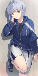 1girl 3s bike_shorts black_shirt blue_hair blue_jacket collarbone copyright_request earbuds earphones foot_against_wall hand_on_own_cheek hand_on_own_face highres jacket looking_at_viewer medium_hair partially_unzipped shirt shoes sneakers solo yellow_eyes 