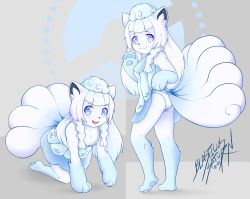  1girl :3 absurdres all_fours alolan_form alolan_vulpix animal_ear_fluff animal_ears animal_feet animal_hands animal_nose animalization artist_name ass bare_shoulders barefoot blasticussaturn blue_dress blue_eyes blue_fur blue_hair blunt_bangs body_fur braid breasts cleavage collarbone creatures_(company) dated dress fangs female_focus flashing fox_ears fox_girl fox_tail from_behind full_body furrification furry furry_female fusion game_freak gen_7_pokemon grey_background hands_up happy heel_up highres kneepits lace lace-trimmed_panties lace_trim legs lifted_by_self lillie_(pokemon) looking_at_viewer multicolored_hair multiple_tails multiple_views nintendo open_mouth panties pawpads poke_ball_symbol pokemon pokemon_(creature) pokemon_sm raised_eyebrows see-through self-upload short_dress sidelocks signature sleeveless sleeveless_dress small_breasts smile standing tail teeth thighs twin_braids two-tone_fur two-tone_hair underwear waving white_fur white_hair white_panties  rating:Sensitive score:33 user:BlasticusSaturn