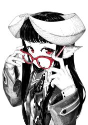  1girl animal_ears black_hair bolo_tie buttoned_cuffs buttons glasses highres holding holding_removed_eyewear horned_girl_(jaco) horns jaco long_hair looking_at_viewer original red-framed_eyewear red_eyes spot_color unworn_eyewear 