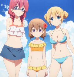  3girls amano_miu arms_behind_back bikini blend_s blonde_hair blue_eyes braid breasts brown_hair cleavage cloud cloudy_sky flat_chest flower_hair_ornament glasses highres hinata_kaho hoshikawa_mafuyu large_breasts multiple_girls navel purple_eyes red_hair screencap sky small_breasts stitched swimsuit third-party_edit  rating:Questionable score:57 user:Rebel