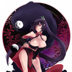  1girl arakune arc_system_works bare_shoulders black_hair blazblue bra breasts cleavage cleavage_cutout clothing_cutout glasses huge_breasts kamashy litchi_faye_ling long_hair mask monster ponytail underwear very_long_hair  rating:Questionable score:30 user:Mightfox