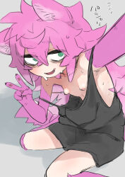  1girl @_@ animal_ears animal_hands bags_under_eyes breasts camisole green_eyes grey_background highres karasuma234 long_hair messy_hair nipples original oversized_clothes pawpads petite pink_hair selfie simple_background sitting small_breasts wariza  rating:Questionable score:13 user:danbooru