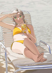  absurdres antenna_hair barefoot beach beach_chair bikini breasts bright_pupils closed_mouth commentary cup feet full_body green_eyes highres holding holding_cup kantai_collection kinugasa_(kancolle) legs_together medium_breasts navel ojipon sand sitting smile soles swimsuit symbol-only_commentary toes yellow_bikini 
