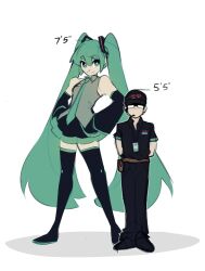  1boy 1girl absurdres alternate_height aqua_eyes aqua_hair aqua_necktie bare_shoulders commentary detached_sleeves english_commentary full_body grey_shirt hair_ornament hatsune_miku height height_difference highres long_hair looking_at_viewer necktie shirt simple_background smile standing swagamicchi twintails very_long_hair vocaloid white_background 