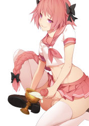 1235 1boy absurdres astolfo_(fate) astolfo_(sailor_paladin)_(fate) black_bow blush bow braid chalice crossdressing cum cum_in_container cum_in_cup cup drink erection fang fate_(series) hair_bow highres holding holding_cup long_hair male_focus midriff miniskirt naughty_face navel penis pink_hair pleated_skirt purple_eyes sailor_collar school_uniform serafuku short_sleeves simple_background skirt smile solo stomach testicles thighhighs trap uncensored very_long_hair wavy_mouth white_background white_thighhighs rating:Explicit score:218 user:danbooru