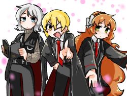3girls black_coat black_pants black_vest blue_eyes book bow closed_mouth coat collared_shirt cowboy_shot don_quixote_(project_moon) faust_(project_moon) freckles green_eyes hair_bow holding holding_book hyadain_no_kakakata_kataomoi_-_c ishmael_(project_moon) limbus_company long_hair long_sleeves looking_at_viewer multiple_girls necktie nichijou one_eye_closed open_mouth pants project_moon red_necktie shirt short_hair simple_background smile very_long_hair vest wakame_031412 white_background white_bow white_shirt