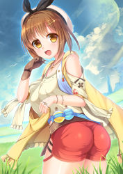 1girl ass atelier_(series) atelier_ryza bare_shoulders belt blush breasts brown_eyes brown_hair from_behind gloves grass hair_ornament hairclip hat highres looking_at_viewer open_mouth red_shorts reisalin_stout shiny_clothes shiny_skin shirt short_hair short_shorts shorts smile solo umitna rating:Sensitive score:7 user:armorcrystal