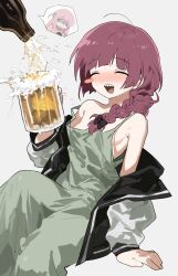  1girl absurdres alcohol beer beer_mug blush blush_stickers bocchi_the_rock! braid breasts closed_eyes cup dress foam gotoh_hitori green_dress grey_background hair_over_shoulder highres hiroi_kikuri holding holding_cup jacket jihecchi long_hair messy_hair mug nose_blush off_shoulder open_clothes open_jacket open_mouth pouring red_hair sharp_teeth simple_background single_blush_sticker single_braid sitting small_breasts teeth 