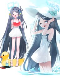  1girl absurdly_long_hair absurdres aris_(blue_archive) black_hair blue_archive blue_eyes blush bottle dress food fruit hat highres holding holding_food holding_fruit long_hair multiple_views nintendo_switch open_mouth peroro_(blue_archive) piyon_(pyon_piiii) simple_background smile very_long_hair watermelon white_background white_dress white_hat 