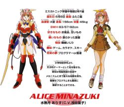 1990s_(style) 1girl alice_in_cyberland breasts brown_eyes character_name cleavage emblem fingerless_gloves full_body gloves hairband headgear holding holding_sword holding_weapon leotard long_sleeves measurements medium_breasts minazuki_alice non-web_source official_art pink_hair retro_artstyle school_uniform shoes short_hair short_sleeves simple_background smile sneakers standing stats sword text_focus thighhighs translation_request variations weapon white_background