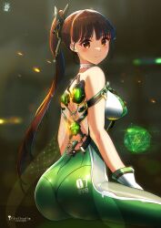  1girl absurdres artist_logo ass bare_shoulders black_hair bodysuit breasts brown_eyes chinchongcha closed_mouth eve_(stellar_blade) from_behind glowing green_bodysuit hair_ornament hair_stick highres large_breasts light_smile long_hair looking_at_viewer looking_back multicolored_bodysuit multicolored_clothes planet_diving_suit_(7th)_(stellar_blade) ponytail signature silver_bodysuit simple_background sitting skin_tight smile solo stellar_blade very_long_hair white_bodysuit  rating:Sensitive score:18 user:danbooru