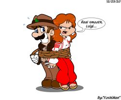 1boy 1girl 2020 20s annoyed back-to-back blue_eyes bound breasts brown_hair cosplay crossover dated december earrings facial_hair flower_earrings hat indiana_jones indiana_jones_(cosplay) indiana_jones_(series) jewelry long_sleeves looking_at_another luigi mario_(series) marion_ravenwood marion_ravenwood_(cosplay) medium_breasts mustache nintendo pants princess_daisy red_hair red_pants sandals speech_bubble sweat talking tied_up_(nonsexual) tomboy whip whipped white_background yoshiman_hostler 