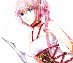  1girl blue_eyes breasts closed_mouth final_fantasy final_fantasy_xiii final_fantasy_xiii-2 himasen long_hair looking_at_viewer medium_breasts pink_hair serah_farron side_ponytail solo 