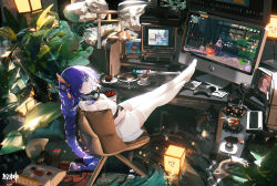 1girl absurdres braid breasts cake camera chair cherry chocolate cocktail_glass controller cup dress drinking_glass egg_(food) famicom famicom_cartridge famicom_gamepad floppy_disk food fork fried_egg fruit game_console game_controller genshin_impact hair_ornament handheld_game_console headphones headphones_around_neck highres keyboard_(computer) knife lantern long_hair looking_at_viewer monitor muffin nintendo_switch omone_hokoma_agm plant plate playstation_5 playstation_vita potted_plant purple_eyes purple_hair raiden_shogun ripples saucer sitting solo spoon strawberry thighhighs torii very_long_hair white_dress white_thighhighs rating:Sensitive score:44 user:danbooru