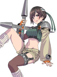  1girl absurdres arm_support asymmetrical_legwear belt belt_buckle black_hair blush breasts brown_hair brown_shorts buckle commentary_request crop_top final_fantasy final_fantasy_vii fingerless_gloves fishnet_thighhighs fishnets garter_straps gloves half_gloves headband highres holding holding_weapon huge_weapon leg_up long_sleeves looking_at_viewer medium_breasts navel ribbed_legwear short_hair shorts simple_background sitting smile solo thigh_strap thighhighs turtleneck uneven_legwear weapon white_background yamashita_shun&#039;ya yellow_gloves yuffie_kisaragi 