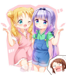  3girls beads black_bow blonde_hair blue_eyes blue_overalls blush bow brown_hair child chloe_(maidragon) commentary_request cosplay costume_switch double_bun dress flower green_shirt hair_beads hair_bow hair_bun hair_flower hair_ornament hairband hand_on_another&#039;s_back highres kanna_kamui kobayashi-san_chi_no_maidragon long_hair looking_at_viewer multiple_girls one_eye_closed open_mouth overalls painter-lhb pink_background pink_dress purple_hair saikawa_riko shirt short_sleeves standing thighhighs white_thighhighs yellow_flower 