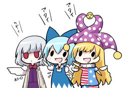  3girls atai blonde_hair blue_hair bow chibi cirno clownpiece hair_bow hat jester_cap jitome kiira kishin_sagume multiple_girls pantyhose red_eyes simple_background single_wing solid_oval_eyes touhou triangle_mouth white_hair wings 