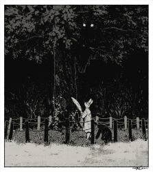  2girls bird border commentary dark dress english_commentary eyes_in_shadow feathers fence frilled_dress frills furry furry_female grass greyscale high_contrast monochrome multiple_girls nagabe original outdoors owl rabbit_girl scenery signature standing tree white_border wide_shot 