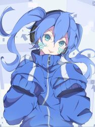  1girl arrow_(symbol) blue_eyes blue_hair ene_(kagerou_project) facial_mark headphones high_collar highres jacket kagerou_project long_sleeves looking_at_viewer mei_(mei_a4b2) sleeves_past_fingers sleeves_past_wrists smile solo tongue tongue_out track_jacket twintails zipper_pull_tab 