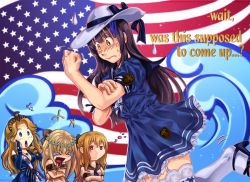  &gt;o&lt; ++ +++ 4girls ^^^ american_flag black_hair blonde_hair blue_dress blue_eyes blue_ribbon blush braid bras_d&#039;honneur breasts bridal_gauntlets brown_eyes cleavage commission dress elbow_gloves flower french_braid garter_straps gloves gochuumon_wa_usagi_desu_ka? hair_flower hair_ornament hair_ribbon hands_on_own_cheeks hands_on_own_face hat iowa_(pacific) jitome kantai_collection lace lace-trimmed_legwear lace_trim long_hair melisaongmiqin middle_finger multiple_girls new_jersey_(pacific) no_mouth open_mouth pacific_(kancolle) parody red_eyes ribbon ribbon-trimmed_legwear ribbon_trim sailor_dress silver_hair sun_hat surprised sweatdrop tears thighhighs tiara trembling uss_missouri_(bb-63) uss_wisconsin_(bb-64) waves wrist_ribbon 
