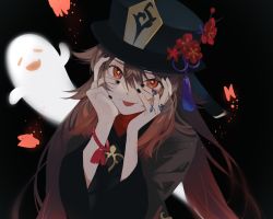  1girl :p black_background black_nails bracelet brown_coat brown_hair coat flower genshin_impact ghost hands_on_own_face hat hat_flower highres hu_tao_(genshin_impact) jewelry kushami_deso long_hair looking_at_viewer nail_polish orange_eyes plum_blossoms ring solo star-shaped_pupils star_(symbol) symbol-shaped_pupils tassel tongue tongue_out twintails upper_body  rating:General score:13 user:danbooru