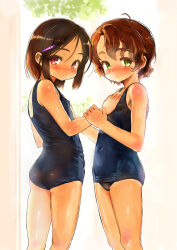  2girls absurdres ass asymmetrical_bangs bare_arms bare_shoulders blue_one-piece_swimsuit blush brown_eyes brown_hair closed_mouth commentary_request covered_navel cowboy_shot female_focus flat_chest from_side grabbing grabbing_another&#039;s_breast highres holding_another&#039;s_wrist loli looking_at_viewer looking_to_the_side multiple_girls one-piece_swimsuit original paid_reward_available sasahara_yuuki school_swimsuit short_hair side-by-side standing swimsuit tan tanline tareme yellow_eyes 