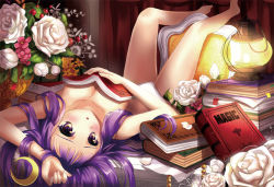  1girl althea_(sakiya0000) barefoot book book_stack breasts cleavage covering_privates covering_breasts crescent crescent_hair_ornament feet flower hair_ornament lantern legs_up long_hair panties panties_only patchouli_knowledge purple_eyes purple_hair rose solo toes topless touhou underwear underwear_only white_rose  rating:Questionable score:16 user:danbooru