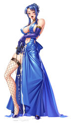  1girl alternate_costume bare_shoulders blue_gloves blue_hair blush breasts cleavage_cutout clothing_cutout collarbone cum cum_in_pussy curvy dress elbow_gloves formal gloves high_ponytail hime_cut kagami_hirotaka large_breasts lilith-soft long_hair moaning naughty_face navel navel_cutout no_bra official_alternate_costume ponytail red_eyes saliva saliva_trail shiny_skin short_dress simple_background smile solo sweat sweatdrop taimanin_(series) taimanin_murasaki taimanin_rpgx tongue tongue_out very_long_hair wide-eyed yatsu_murasaki 