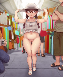  1girl 2boys abubu bottomless breasts camera cleft_of_venus covered_erect_nipples exhibitionism full_body glasses hat highres loli multiple_boys plump public_indecency pussy sandals small_breasts smile standing tagme thigh_gap walking  rating:Explicit score:239 user:abubu_nownanka