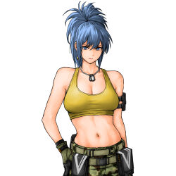  1girl arm_at_side arm_holster bare_shoulders belt black_gloves blue_eyes blue_hair breasts camouflage camouflage_pants cleavage cowboy_shot crop_top dog_tags gloves hair_between_eyes hand_on_own_hip highres large_breasts leona_heidern long_hair looking_at_viewer midriff navel pants shirt sleeveless sleeveless_shirt solo the_king_of_fighters the_king_of_fighters_xiv the_king_of_fighters_xv white_background wide_ponytail x_chitch yellow_shirt  rating:Sensitive score:29 user:danbooru