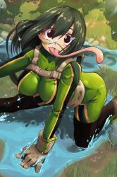  1girl all_fours asui_tsuyu black_eyes bodysuit boku_no_hero_academia boots breasts bush collarbone face_paint gloves grass green_bodysuit green_hair hair_between_eyes happy highres impossible_clothes large_breasts long_hair long_tongue looking_at_viewer nico-mo open_\m/ outdoors solo thigh_boots thighhighs tongue tongue_out water white_gloves 