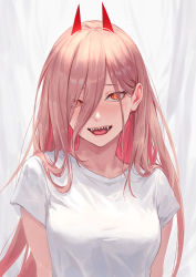 1girl breasts chainsaw_man commentary_request cross-shaped_pupils fangs guchico hair_between_eyes highres horns long_hair looking_at_viewer medium_breasts orange_eyes pink_hair power_(chainsaw_man) red_horns sharp_teeth shirt short_sleeves solo symbol-shaped_pupils t-shirt teeth upper_body upper_teeth_only rating:Sensitive score:73 user:danbooru