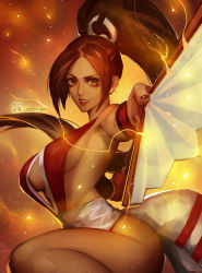 1girl armpits artist_name bare_shoulders breasts brown_eyes brown_hair capcom_vs_snk_2 hand_fan fatal_fury fire foreshortening highres japanese_clothes large_breasts legs lipstick long_hair looking_at_viewer makeup nail_polish pelvic_curtain ponytail revealing_clothes shiranui_mai sideboob solo the_king_of_fighters xiaoguimist rating:Questionable score:43 user:jojosstand
