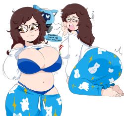 1girl ass bra breasts brown_eyes brown_hair cleavage curvy english_text glasses jinu_(jinusenpai) large_breasts mei_(overwatch) overwatch overwatch_1 pajamas pajamei plump thick_thighs thighs underwear undressing wide_hips yawning rating:Questionable score:174 user:Ecchi-Addict