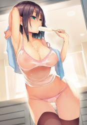 1girl arm_up armpits black_hair blush breasts brown_thighhighs camisole chiaki_(ane_taiken_shuukan) covered_erect_nipples eating food green_eyes highres ice_cream large_breasts michiking nipples no_pants non-web_source original panties pink_panties popsicle see-through sexually_suggestive short_hair solo thighhighs towel underwear wet wet_clothes rating:Questionable score:177 user:danbooru