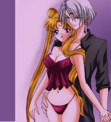  1990s_(style) 1boy 1girl bad_hands bishoujo_senshi_sailor_moon bishoujo_senshi_sailor_moon_r blonde_hair breasts camisole cleavage double_bun earrings facial_mark forehead_mark holding_hands hetero interlocked_fingers jewelry lingerie long_hair open_mouth panties prince prince_demande purple_eyes silver_hair strap_slip tsukino_usagi twintails underwear very_long_hair  rating:Questionable score:23 user:qwiatuszek